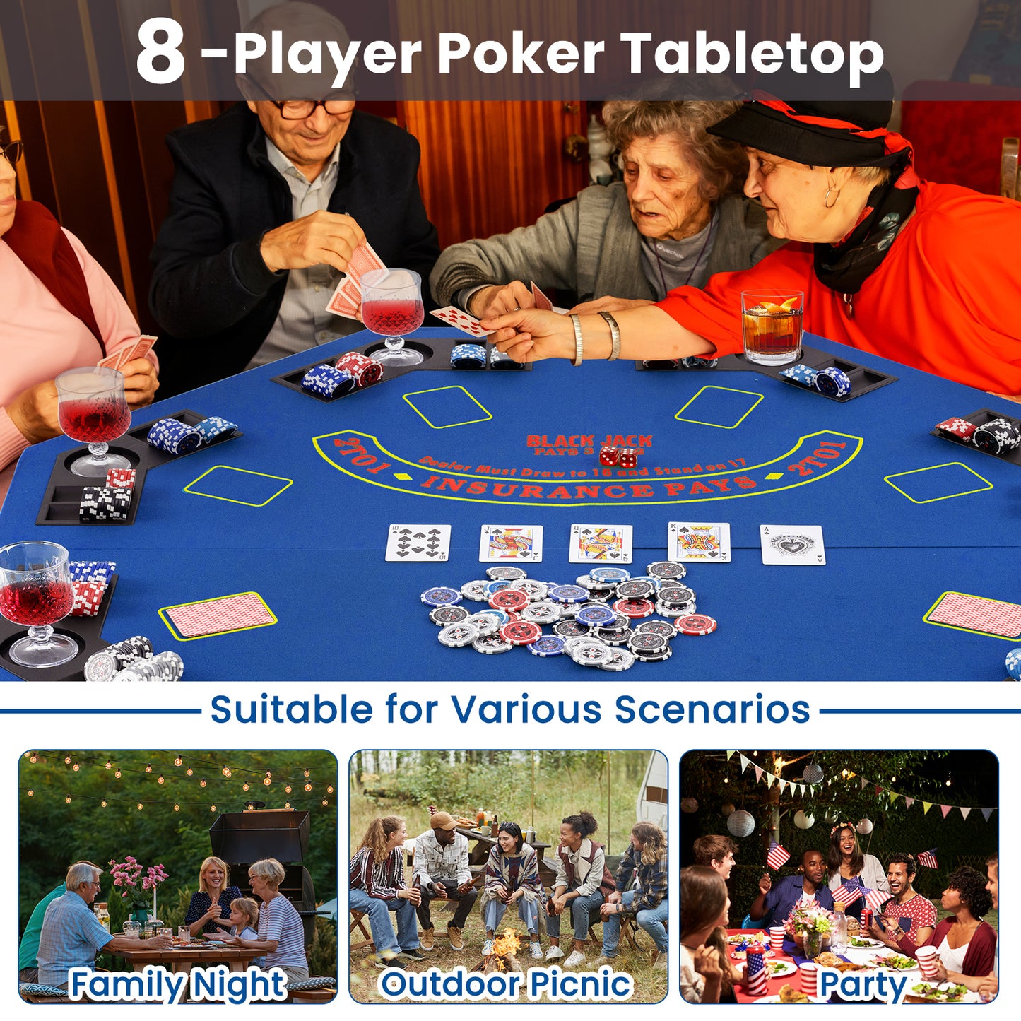 48 Inch 8-Player Foldable Poker Table Top with Carrying Bag and Cup Holders-Blue Kids Crystal