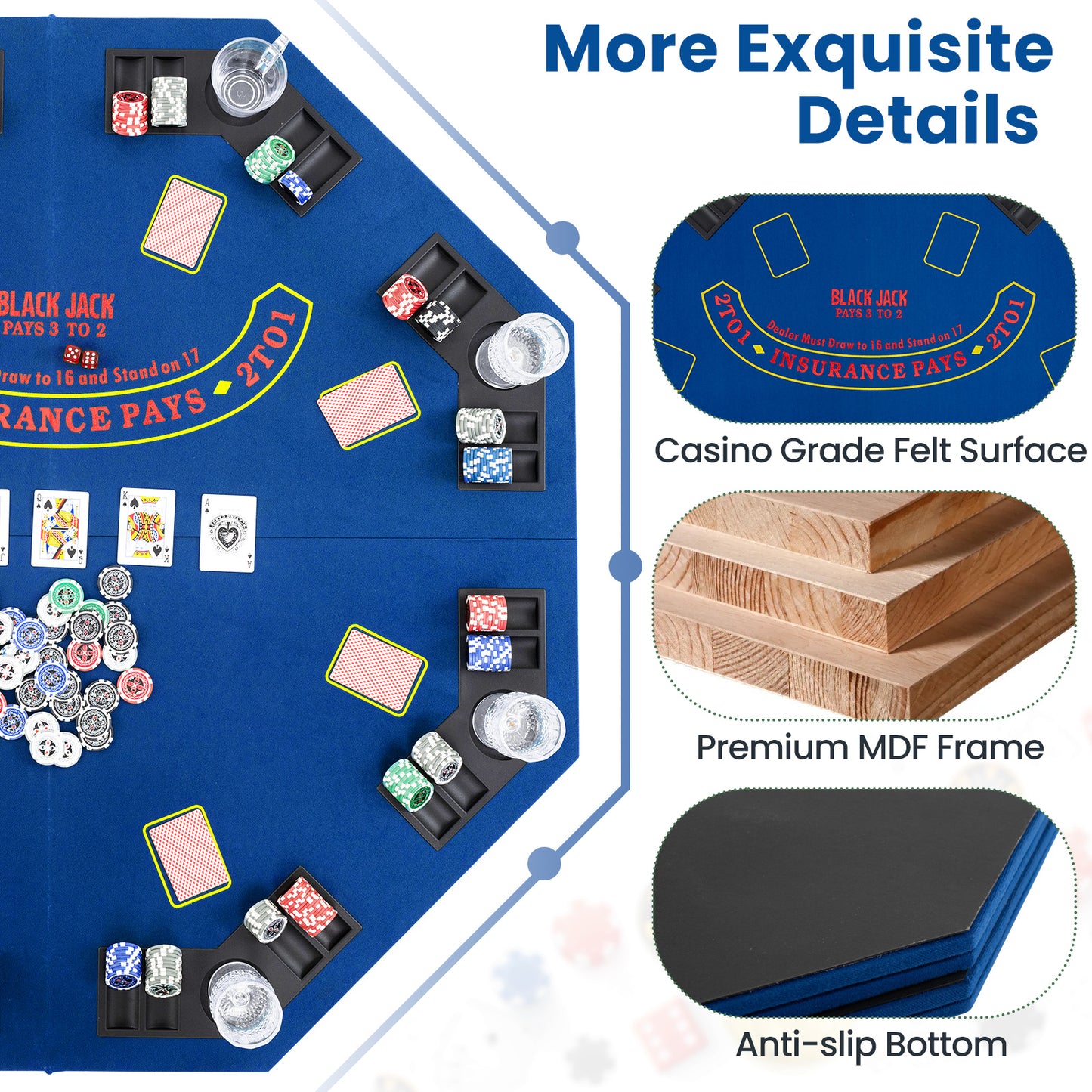 48 Inch 8-Player Foldable Poker Table Top with Carrying Bag and Cup Holders-Blue Kids Crystal