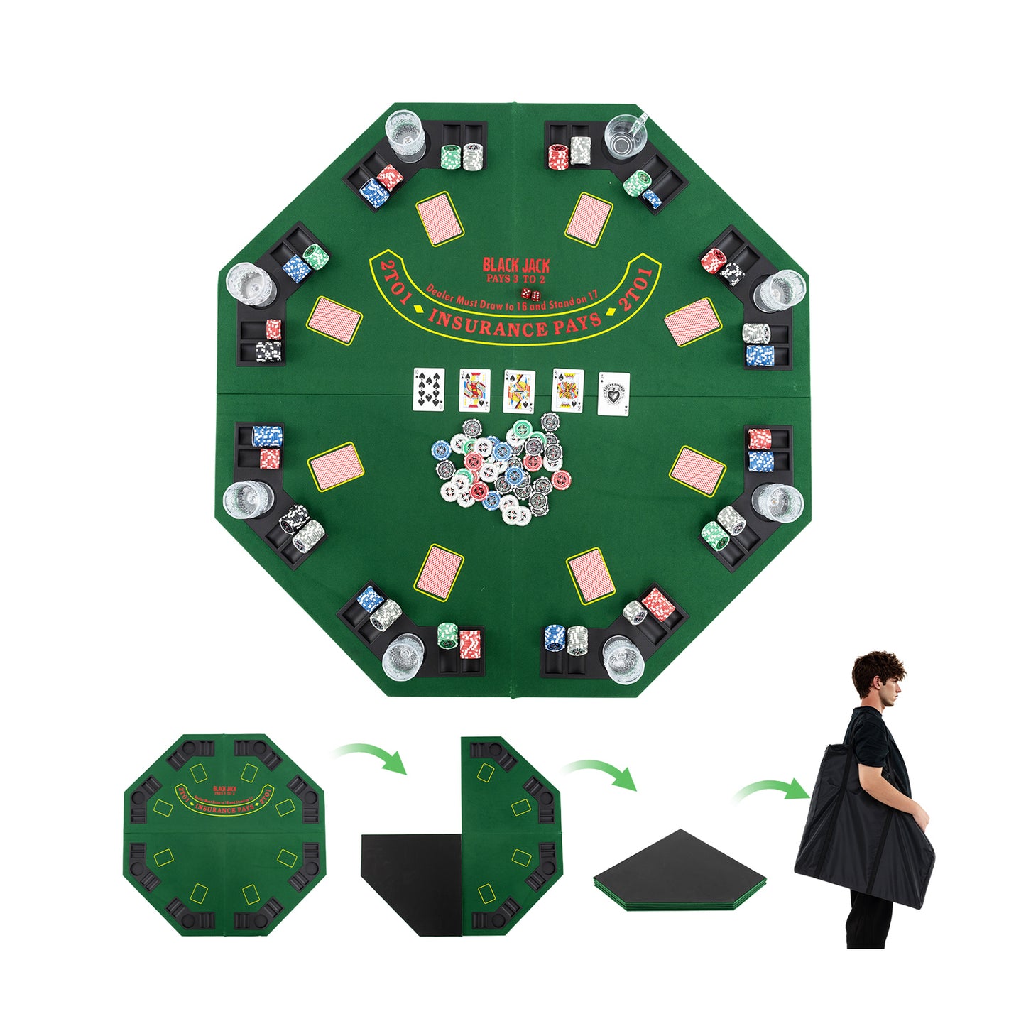 48 Inch 8-Player Foldable Poker Table Top with Carrying Bag and Cup Holders-Green Kids Crystal