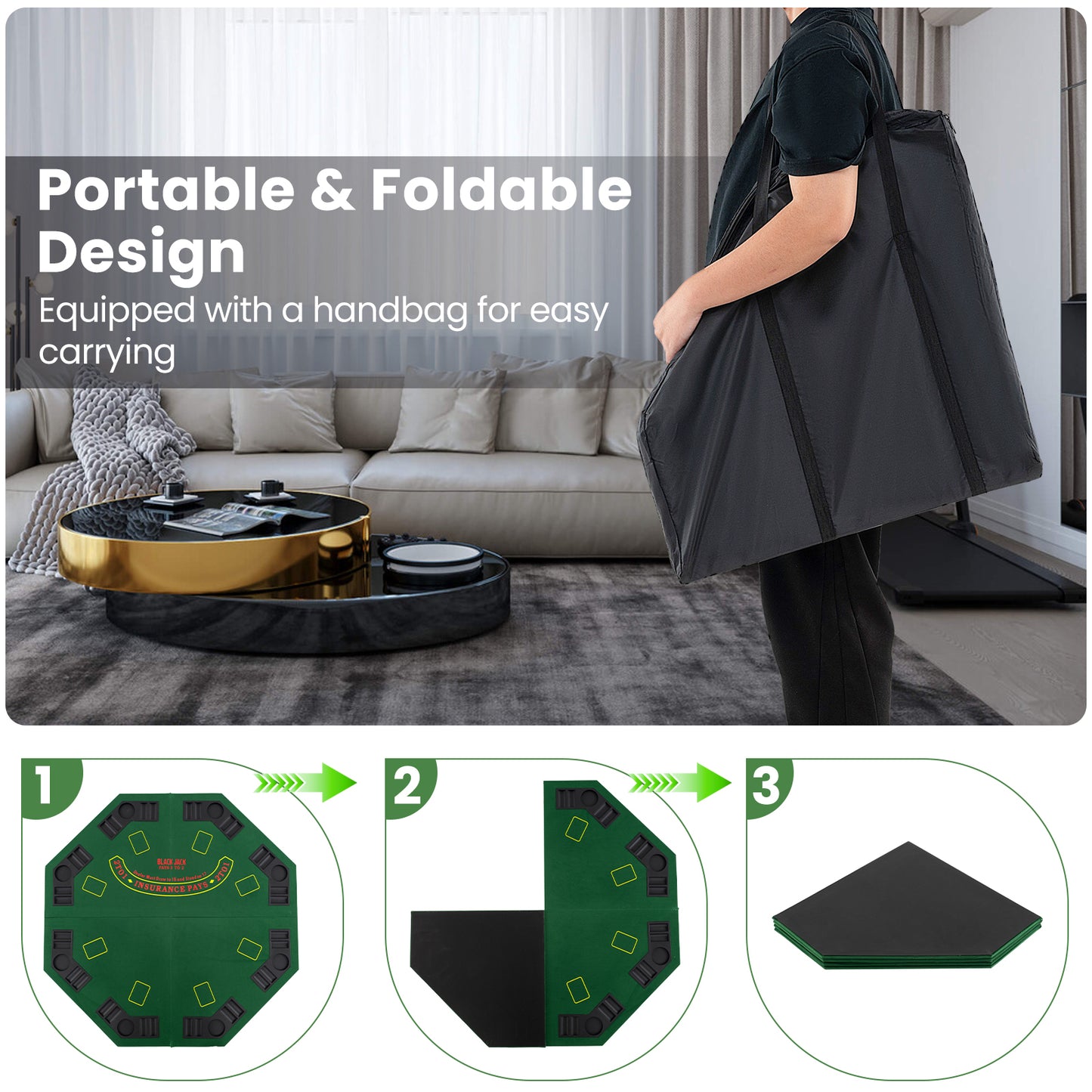 48 Inch 8-Player Foldable Poker Table Top with Carrying Bag and Cup Holders-Green Kids Crystal