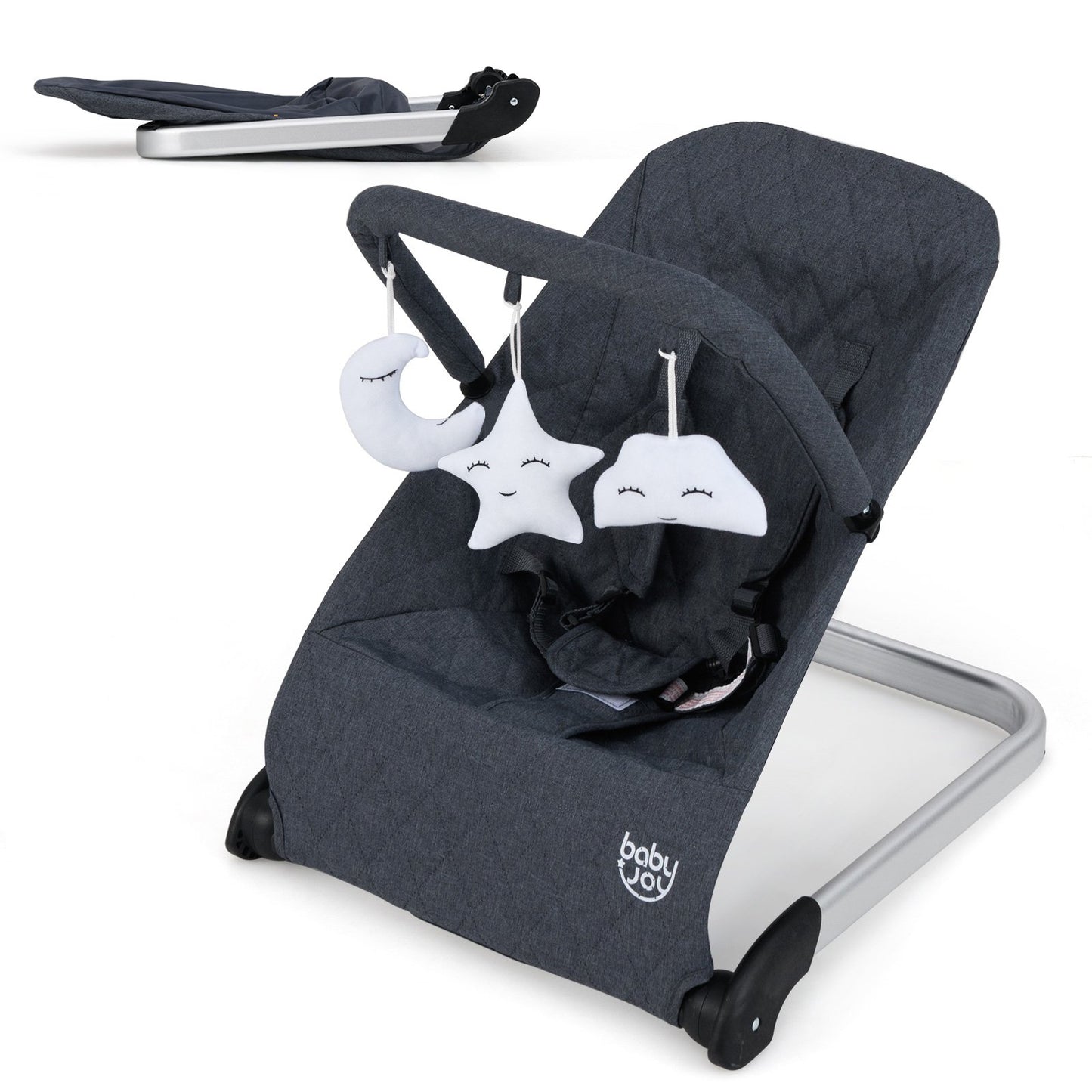 Foldable Baby Bouncer with Removable Fabric Cover and Toy Bar-Black Kids Crystal