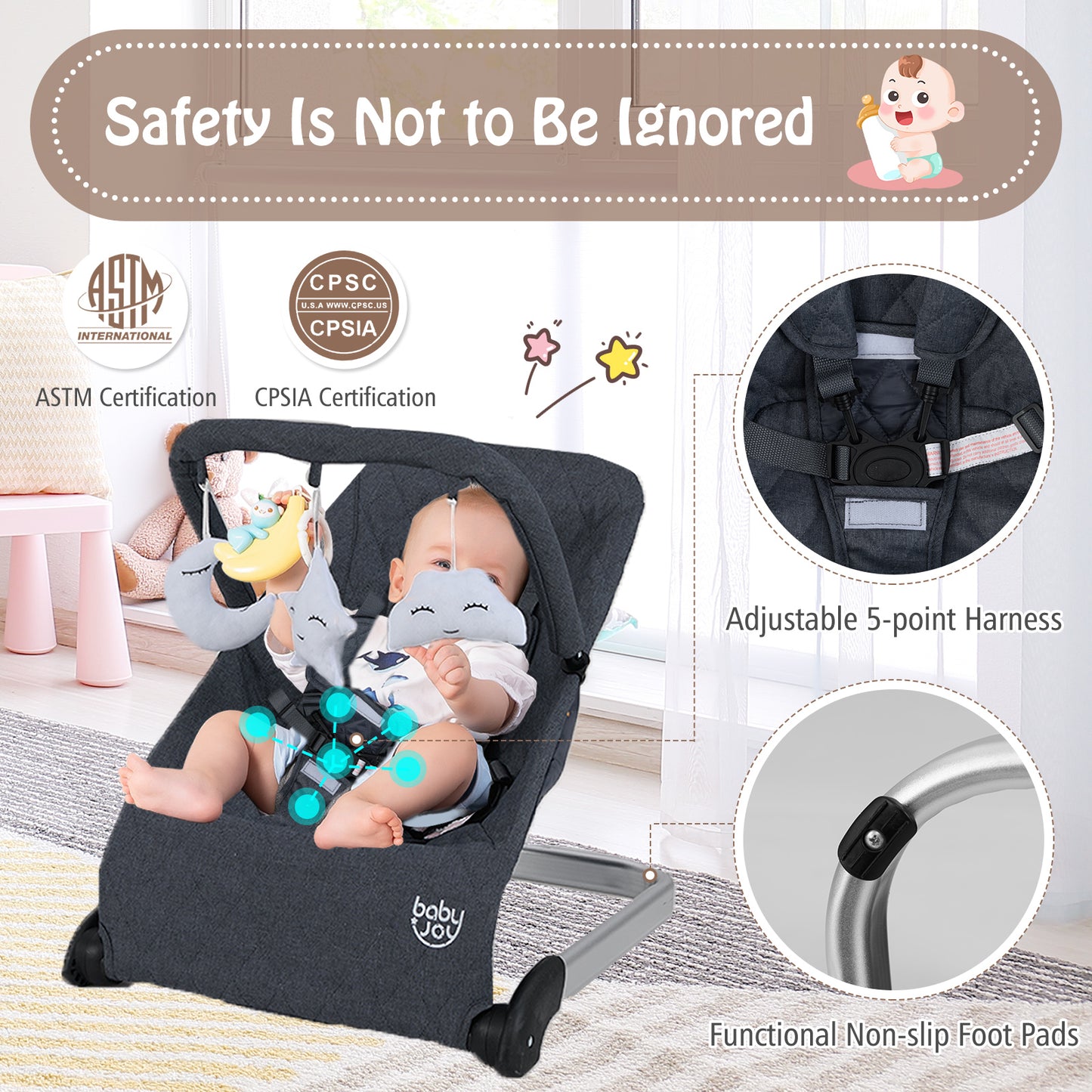 Foldable Baby Bouncer with Removable Fabric Cover and Toy Bar-Black Kids Crystal