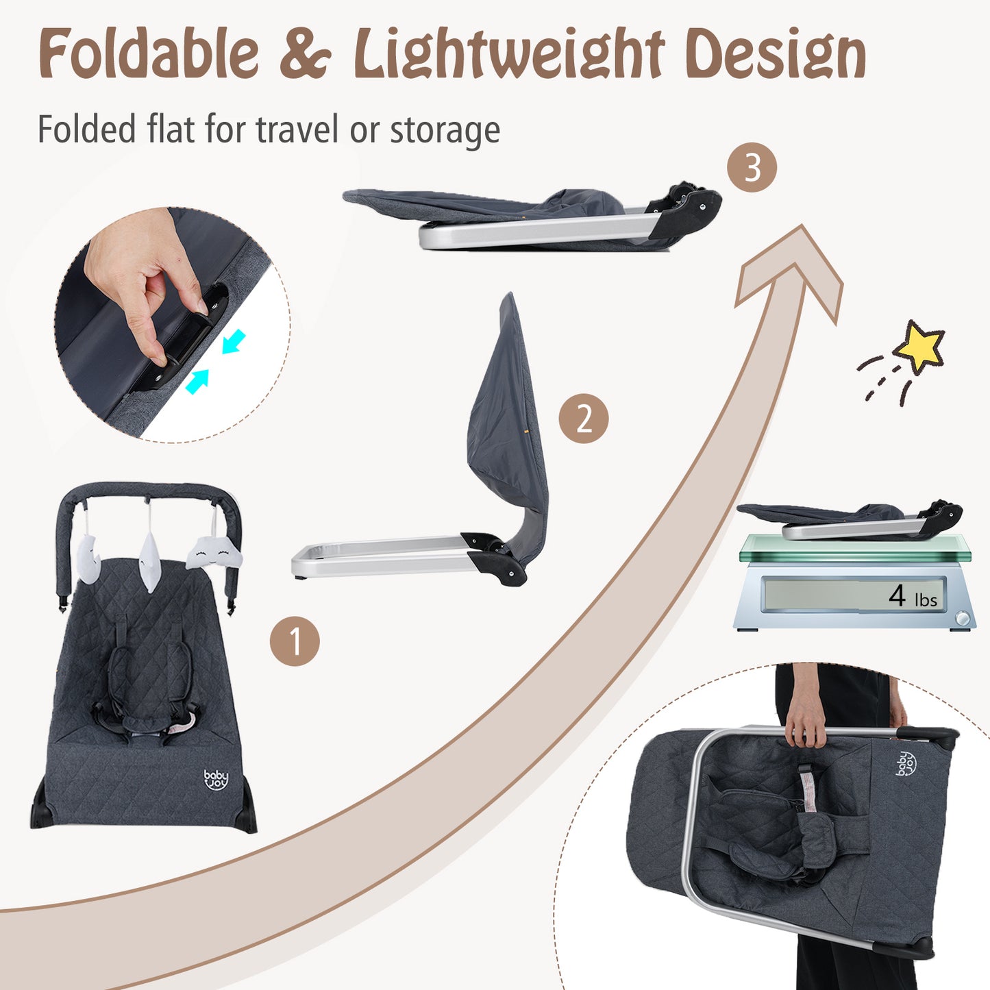 Foldable Baby Bouncer with Removable Fabric Cover and Toy Bar-Black Kids Crystal