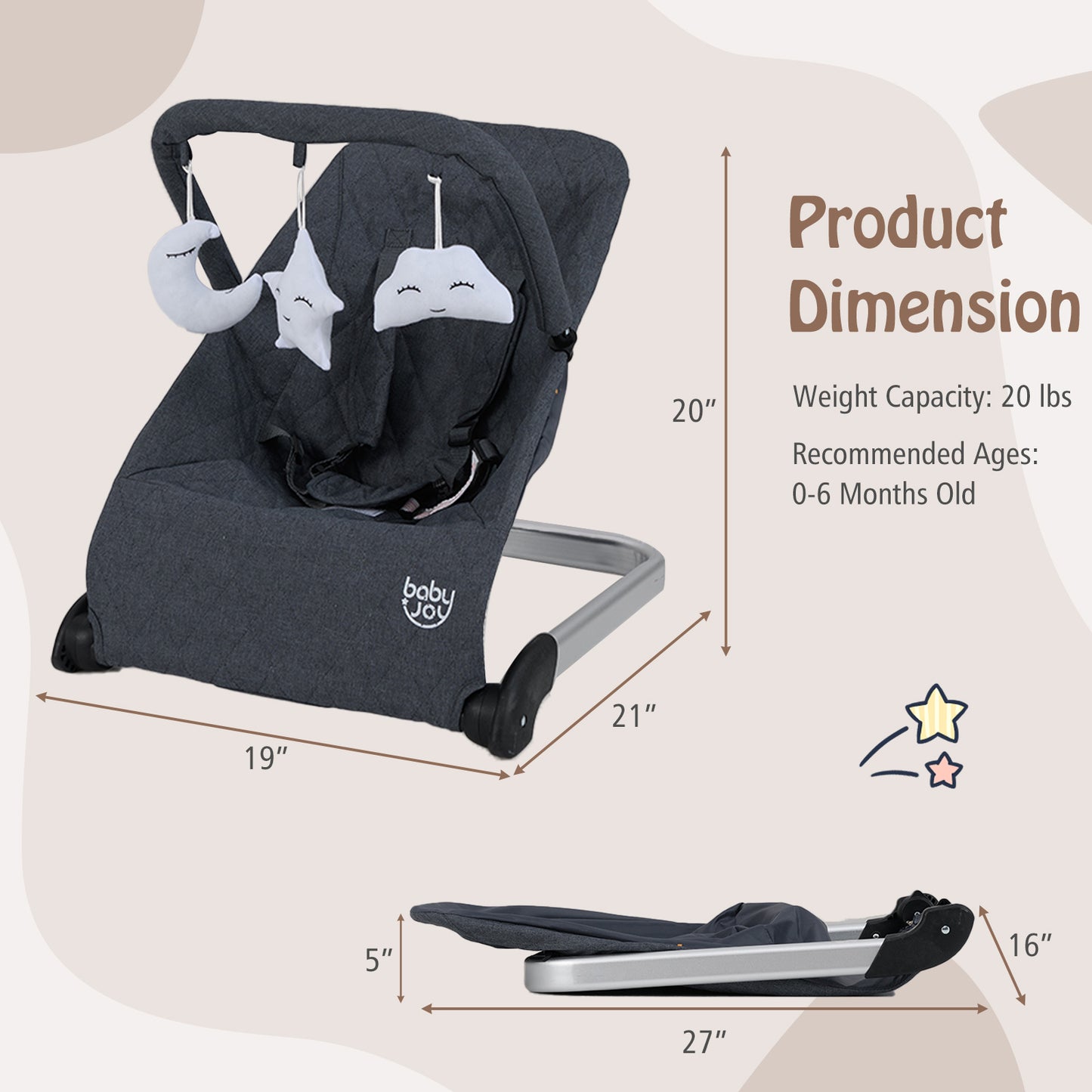 Foldable Baby Bouncer with Removable Fabric Cover and Toy Bar-Black Kids Crystal
