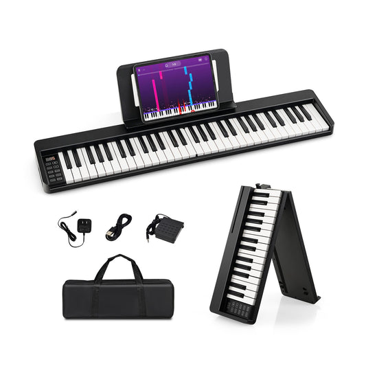 61-Key Folding Piano Keyboard with Full Size Keys and Music Stand-Black Kids Crystal