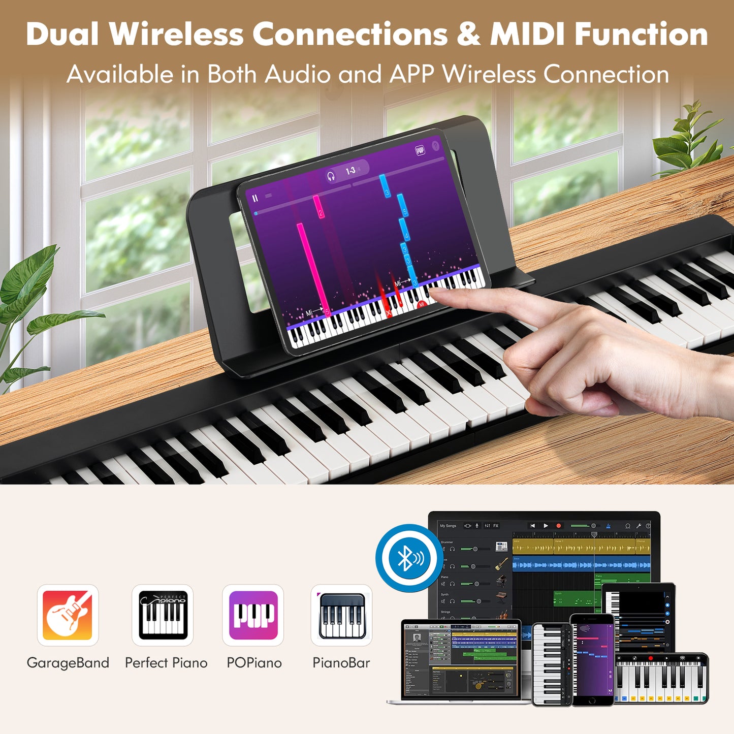 61-Key Folding Piano Keyboard with Full Size Keys and Music Stand-Black Kids Crystal
