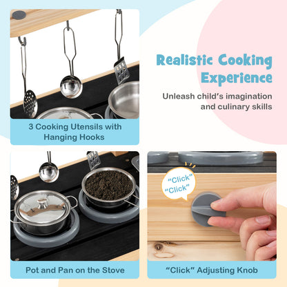 Mud Kitchen Playset Kids Play Kitchen Outdoor with 2 Removable Sinks-Natural