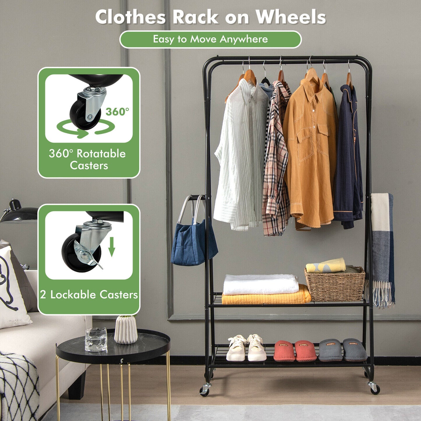 Heavy Duty Clothes Rack on Wheels with Shelves-Black Kids Crystal