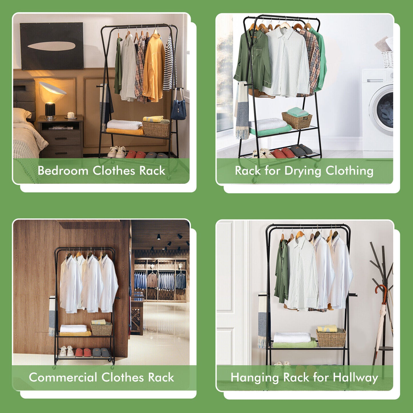 Heavy Duty Clothes Rack on Wheels with Shelves-Black Kids Crystal