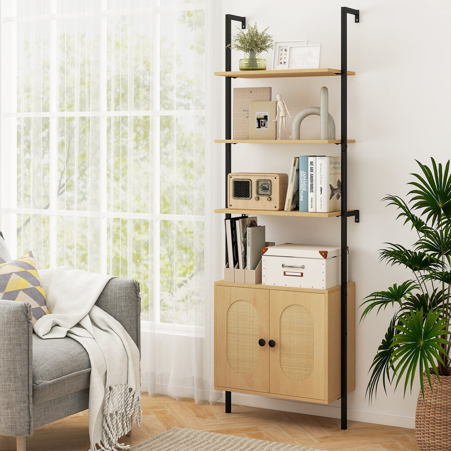 72.5 Inch 6-Tier Wall Mounted Ladder Bookshelf with Rattan Cabinet-Natural Kids Crystal