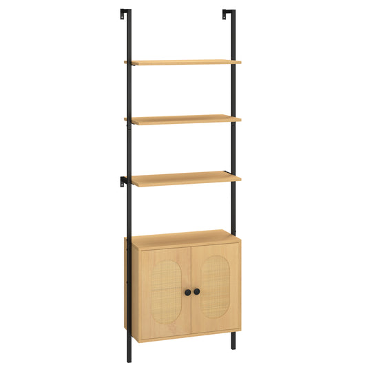 72.5 Inch 6-Tier Wall Mounted Ladder Bookshelf with Rattan Cabinet-Natural Kids Crystal