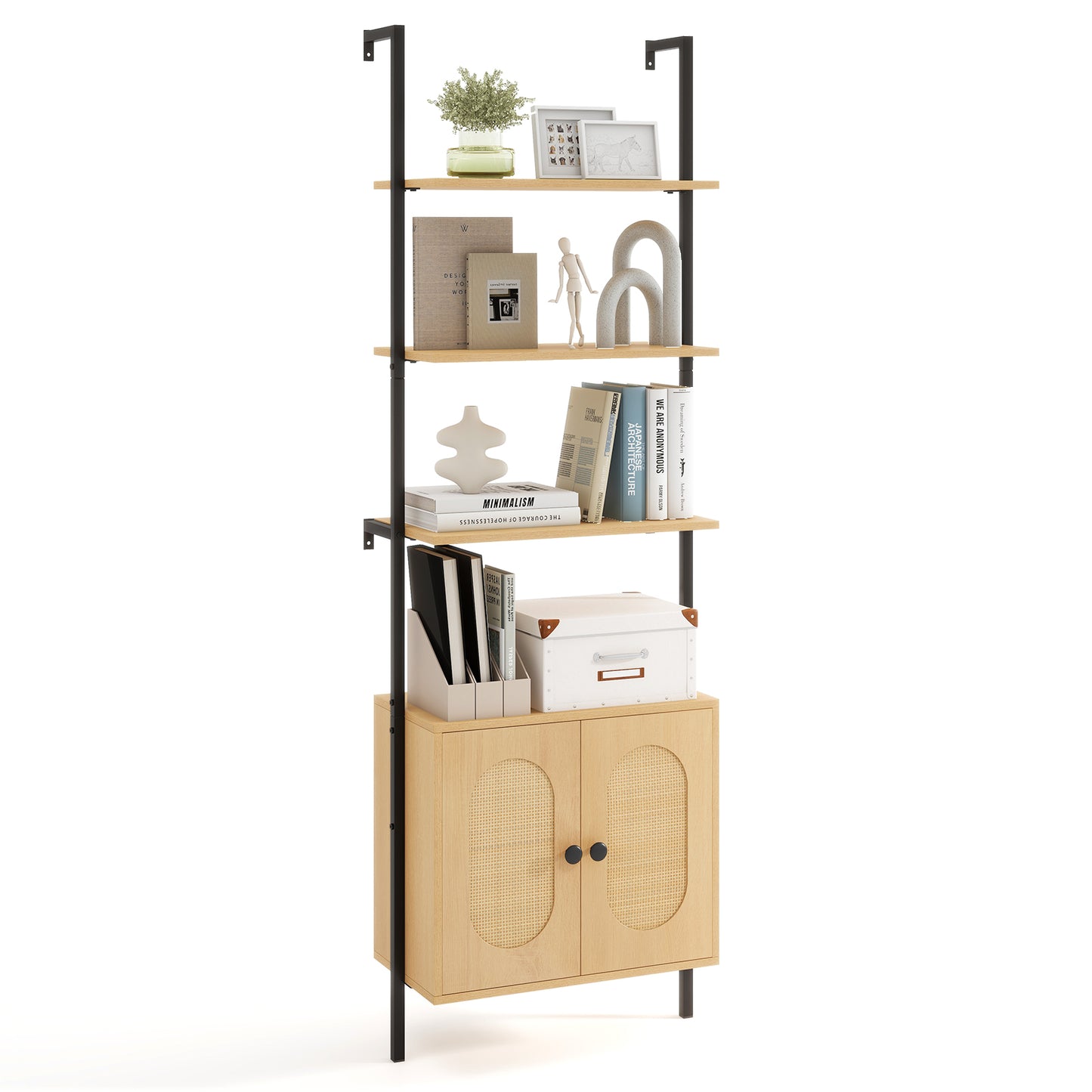 72.5 Inch 6-Tier Wall Mounted Ladder Bookshelf with Rattan Cabinet-Natural Kids Crystal