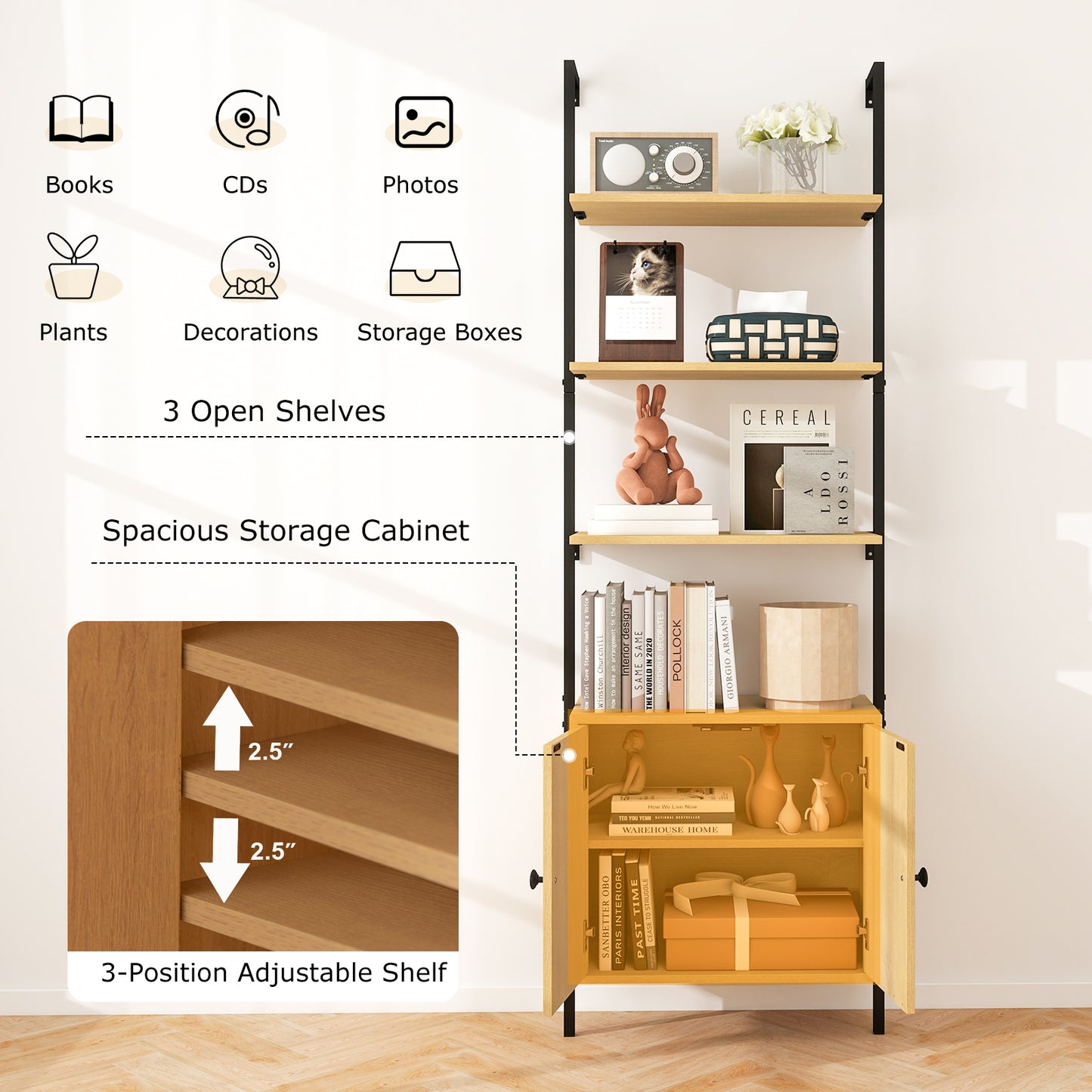 72.5 Inch 6-Tier Wall Mounted Ladder Bookshelf with Rattan Cabinet-Natural Kids Crystal