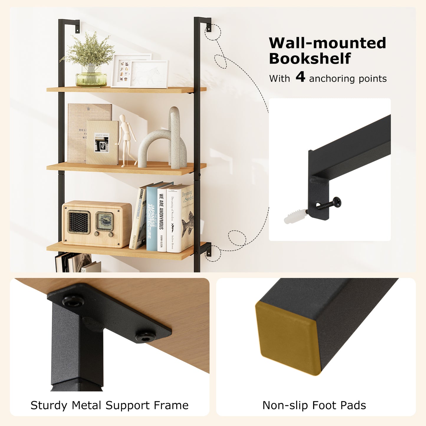 72.5 Inch 6-Tier Wall Mounted Ladder Bookshelf with Rattan Cabinet-Natural Kids Crystal