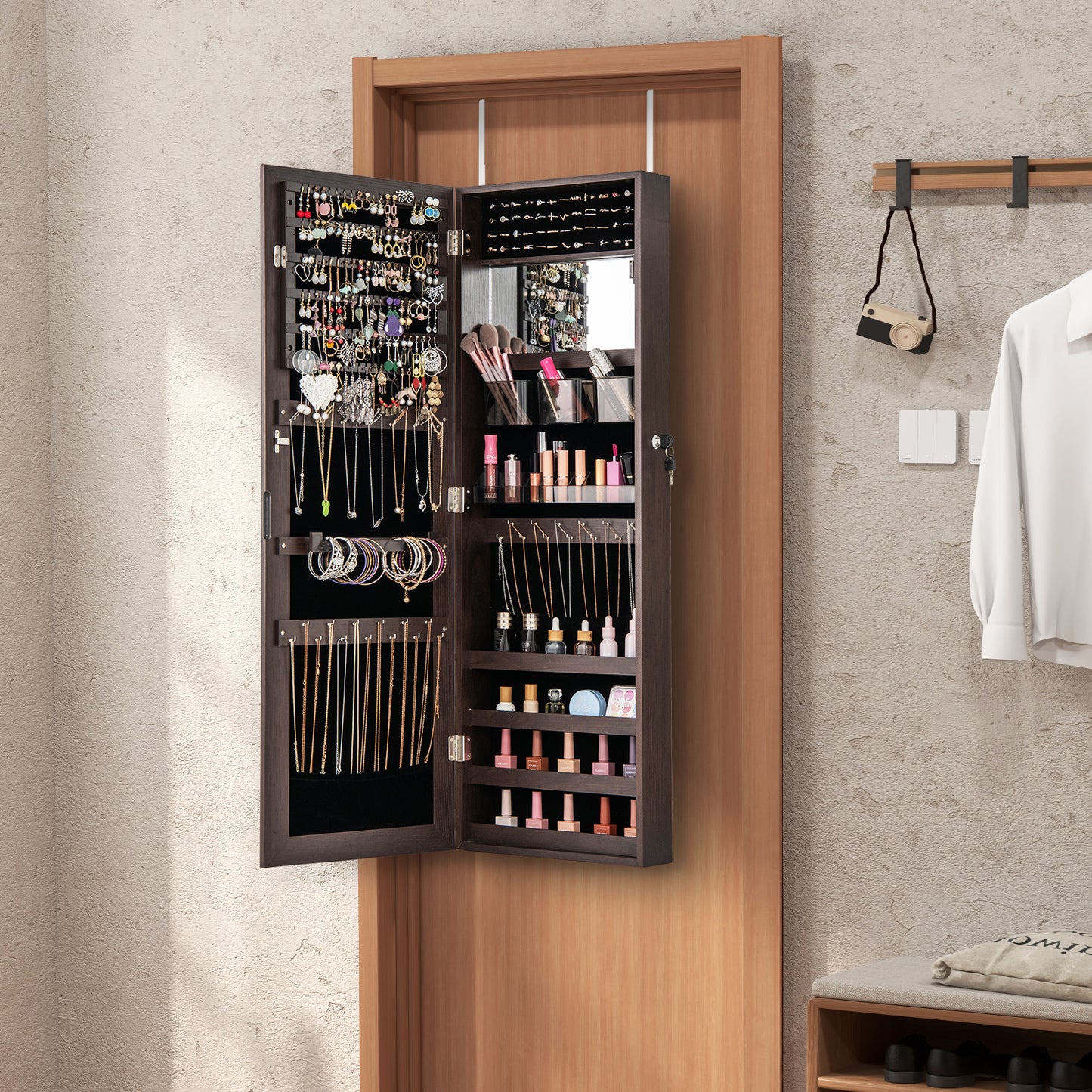43.5 Inch Jewelry Mirror Cabinet with Full-length Mirror and Adjustable Hangers-Dark Brown Kids Crystal