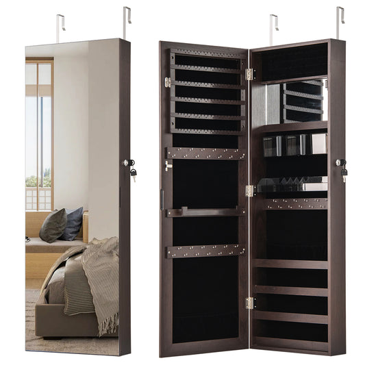 43.5 Inch Jewelry Mirror Cabinet with Full-length Mirror and Adjustable Hangers-Dark Brown Kids Crystal