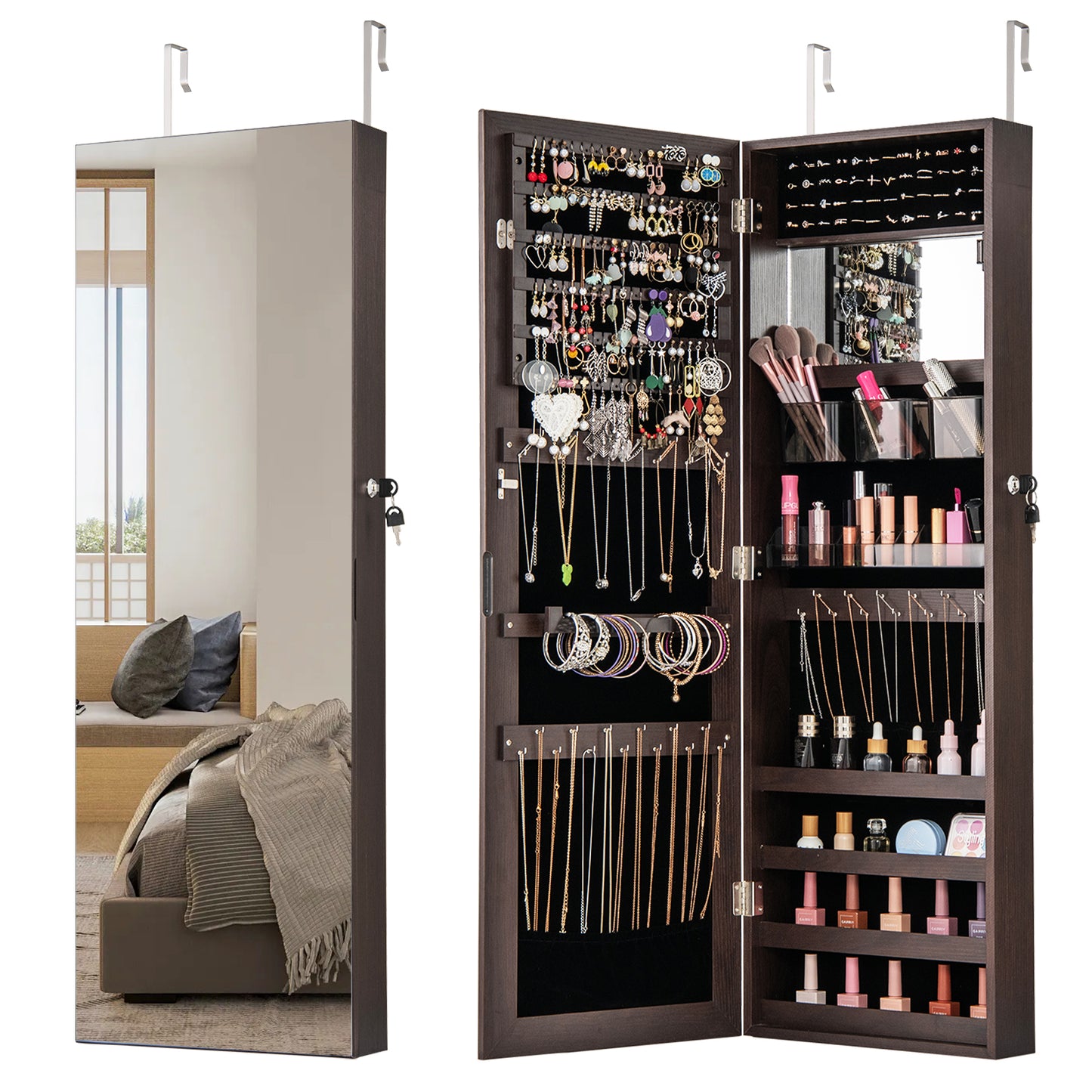43.5 Inch Jewelry Mirror Cabinet with Full-length Mirror and Adjustable Hangers-Dark Brown Kids Crystal