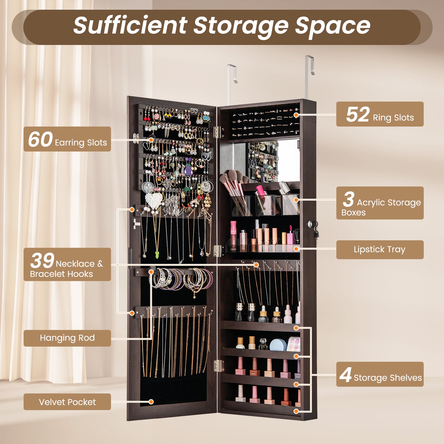 43.5 Inch Jewelry Mirror Cabinet with Full-length Mirror and Adjustable Hangers-Dark Brown Kids Crystal