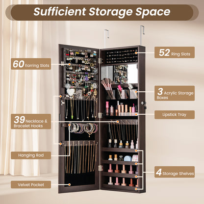 43.5 Inch Jewelry Mirror Cabinet with Full-length Mirror and Adjustable Hangers-Dark Brown
