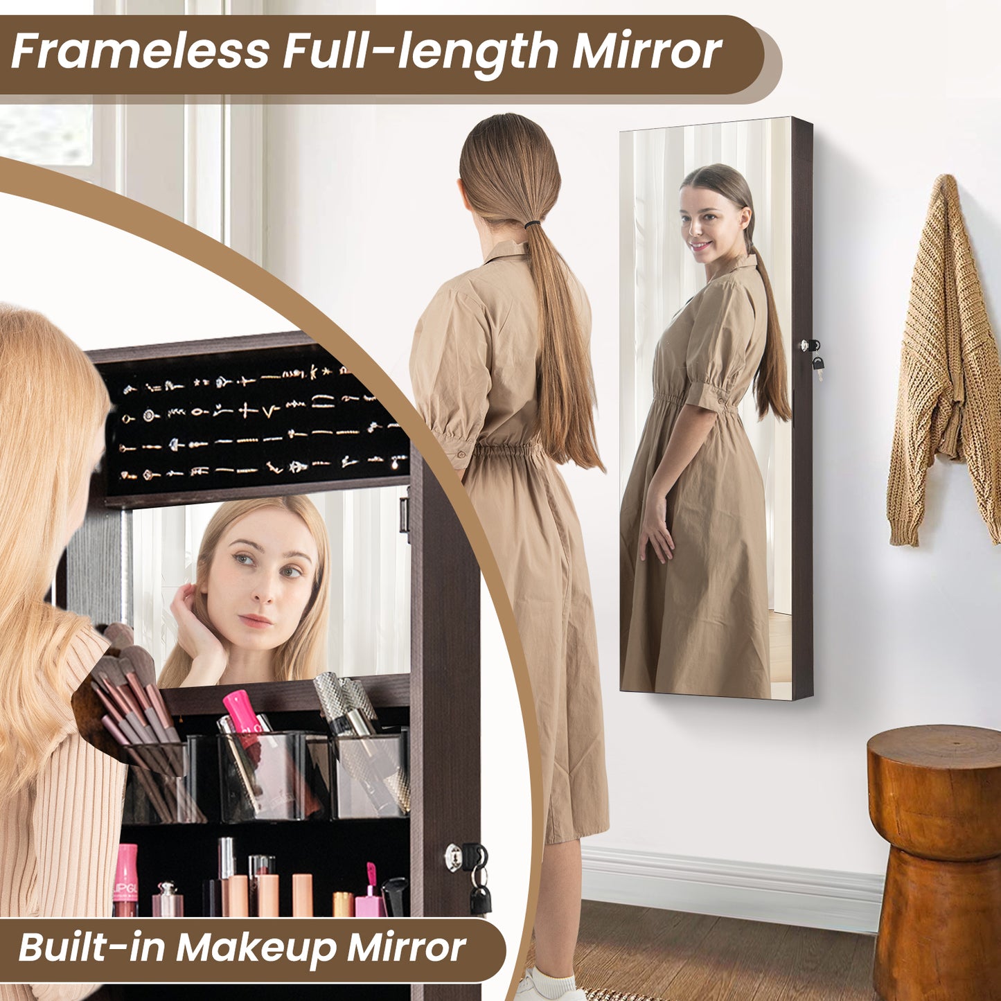 43.5 Inch Jewelry Mirror Cabinet with Full-length Mirror and Adjustable Hangers-Dark Brown Kids Crystal