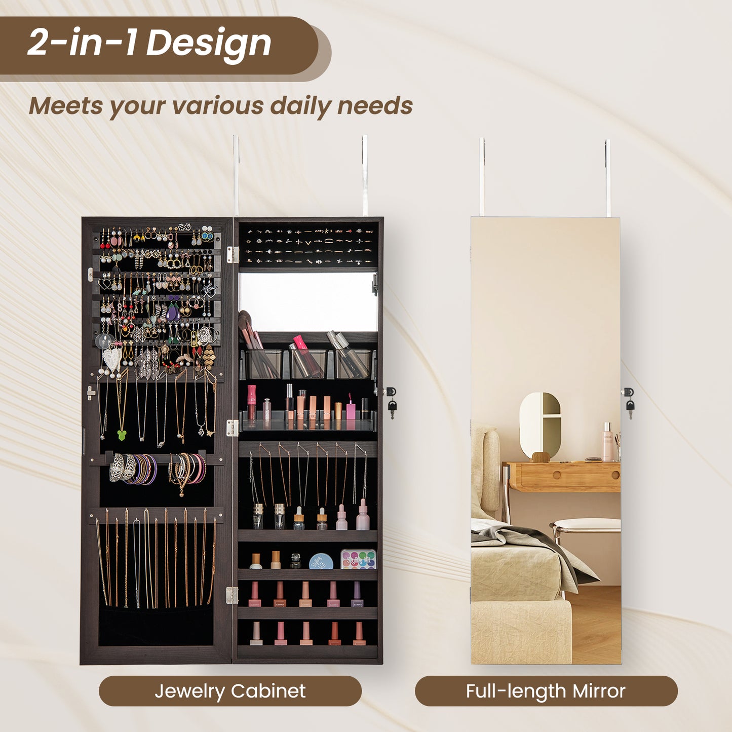 43.5 Inch Jewelry Mirror Cabinet with Full-length Mirror and Adjustable Hangers-Dark Brown Kids Crystal
