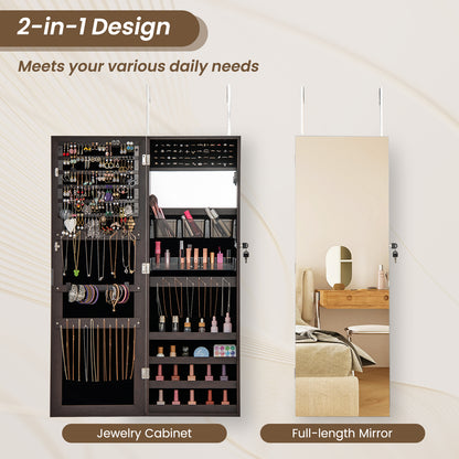 43.5 Inch Jewelry Mirror Cabinet with Full-length Mirror and Adjustable Hangers-Dark Brown