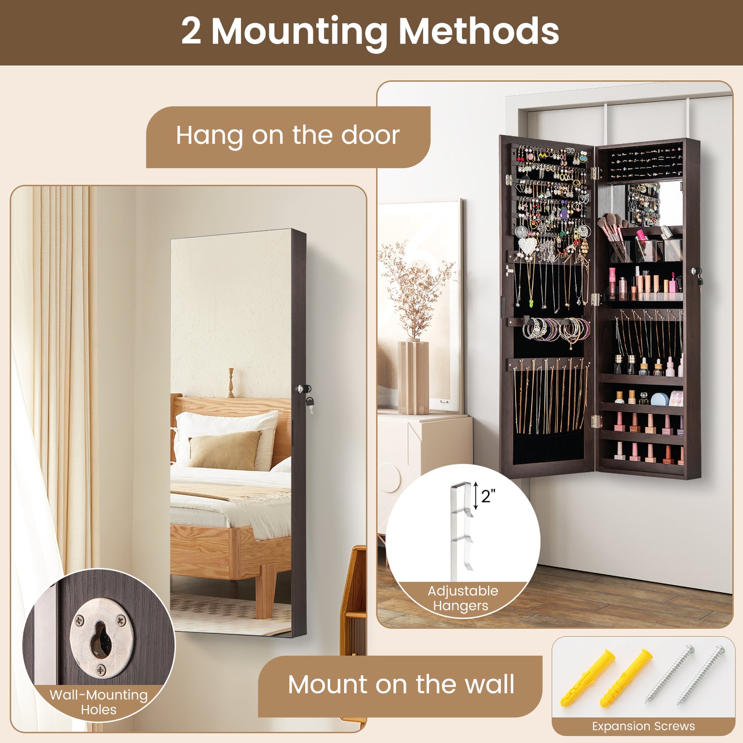 43.5 Inch Jewelry Mirror Cabinet with Full-length Mirror and Adjustable Hangers-Dark Brown Kids Crystal
