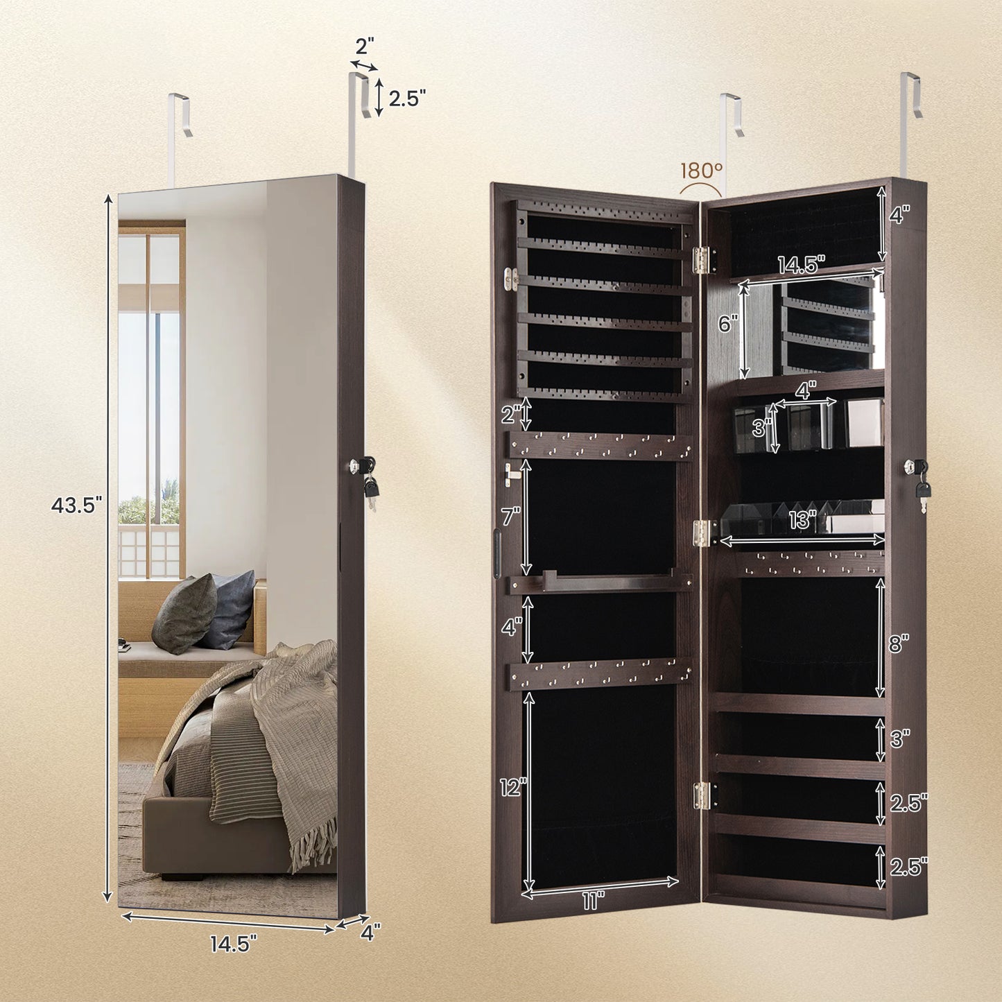 43.5 Inch Jewelry Mirror Cabinet with Full-length Mirror and Adjustable Hangers-Dark Brown Kids Crystal