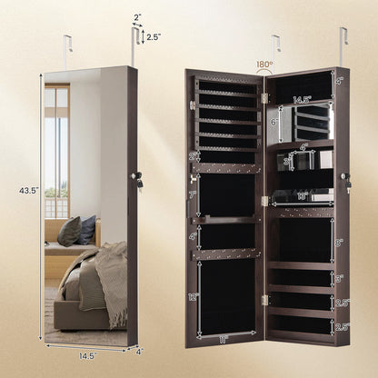 43.5 Inch Jewelry Mirror Cabinet with Full-length Mirror and Adjustable Hangers-Dark Brown