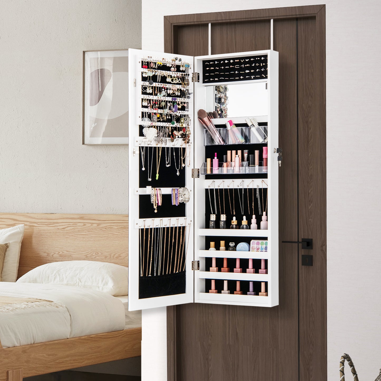 43.5 Inch Jewelry Mirror Cabinet with Full-length Mirror and Adjustable Hangers-White Kids Crystal