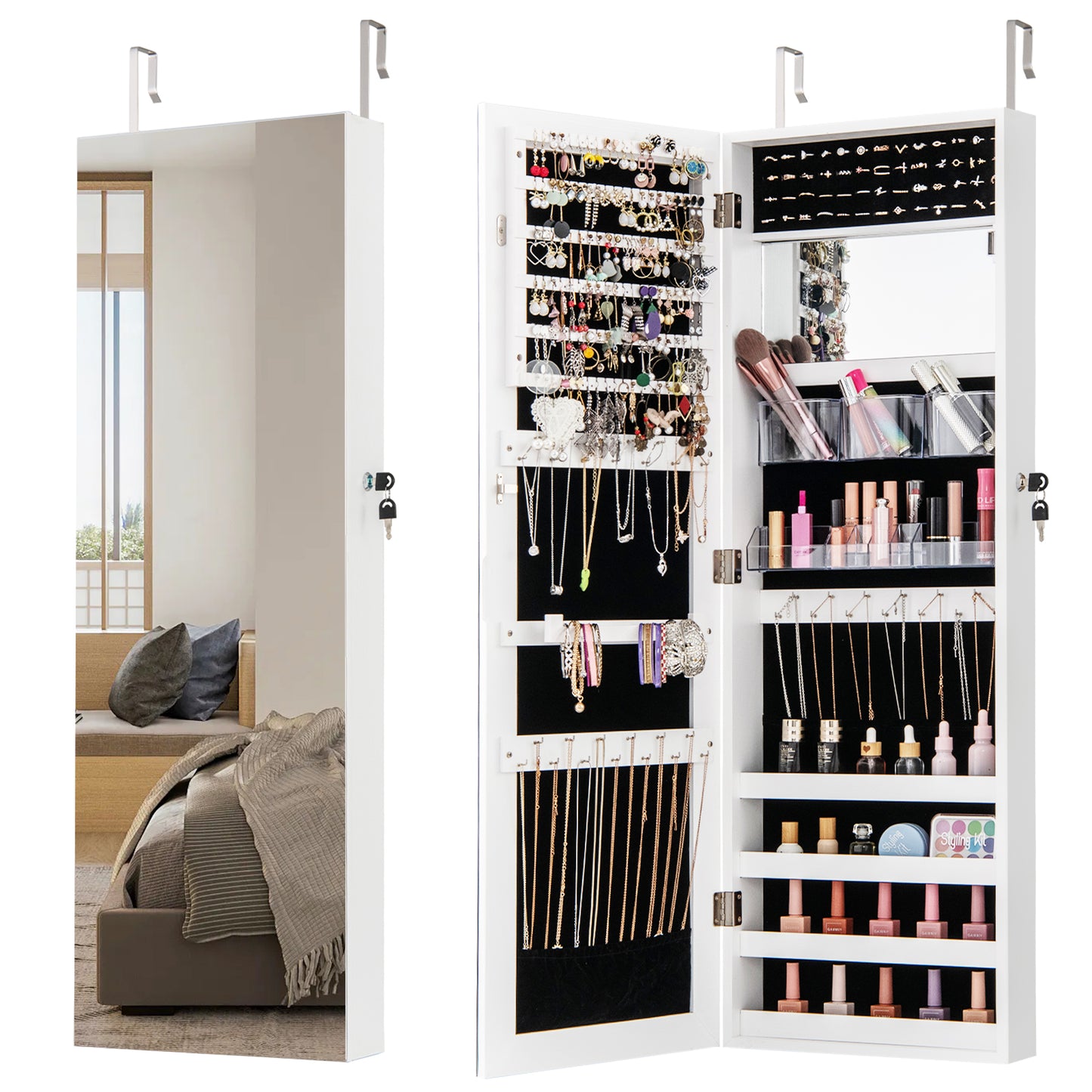 43.5 Inch Jewelry Mirror Cabinet with Full-length Mirror and Adjustable Hangers-White Kids Crystal