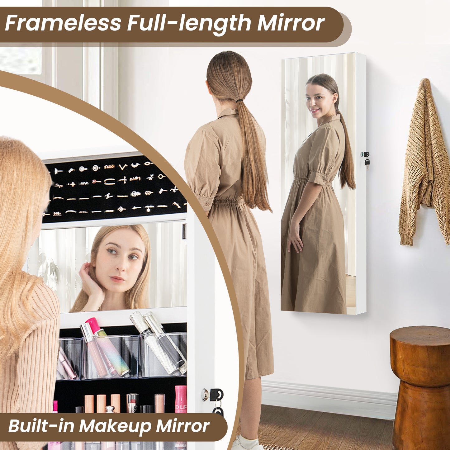 43.5 Inch Jewelry Mirror Cabinet with Full-length Mirror and Adjustable Hangers-White Kids Crystal