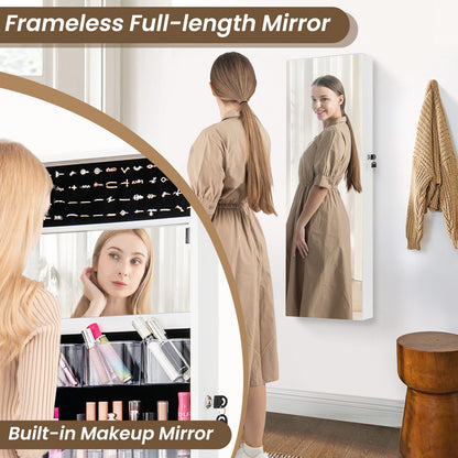 43.5 Inch Jewelry Mirror Cabinet with Full-length Mirror and Adjustable Hangers-White