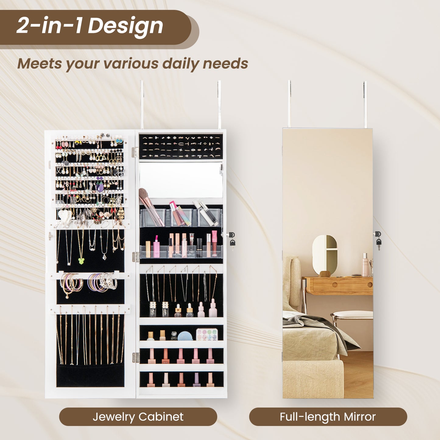 43.5 Inch Jewelry Mirror Cabinet with Full-length Mirror and Adjustable Hangers-White Kids Crystal