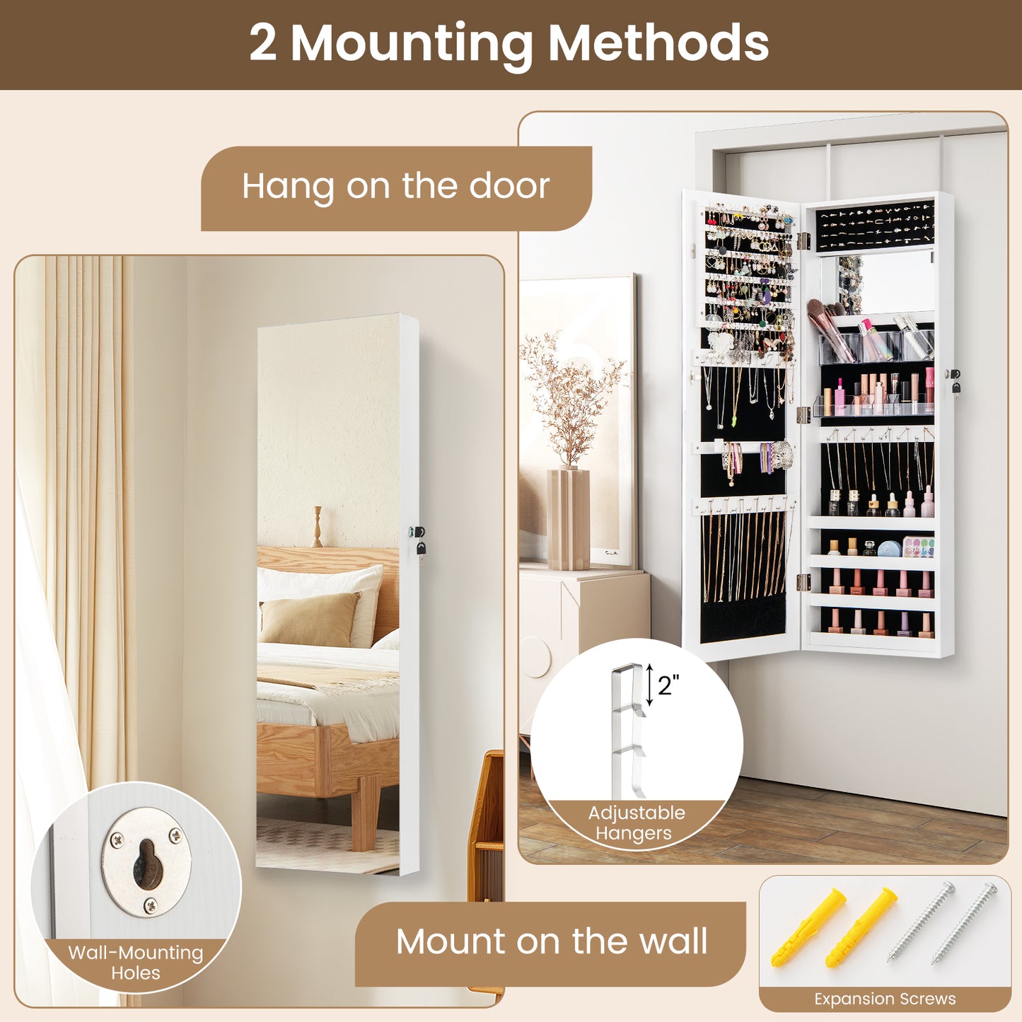 43.5 Inch Jewelry Mirror Cabinet with Full-length Mirror and Adjustable Hangers-White Kids Crystal