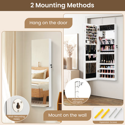 43.5 Inch Jewelry Mirror Cabinet with Full-length Mirror and Adjustable Hangers-White