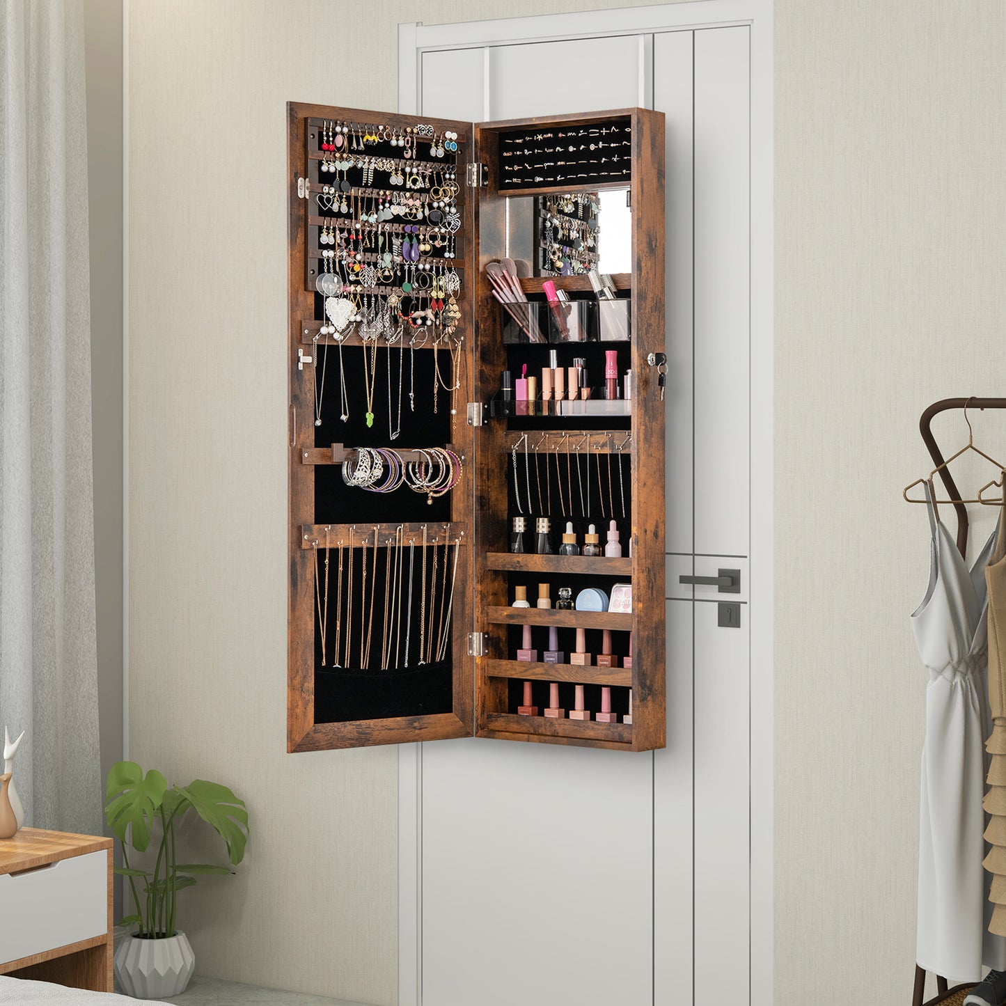 43.5 Inch Jewelry Mirror Cabinet with Full-length Mirror and Adjustable Hangers-Rustic Brown Kids Crystal