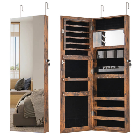 43.5 Inch Jewelry Mirror Cabinet with Full-length Mirror and Adjustable Hangers-Rustic Brown Kids Crystal