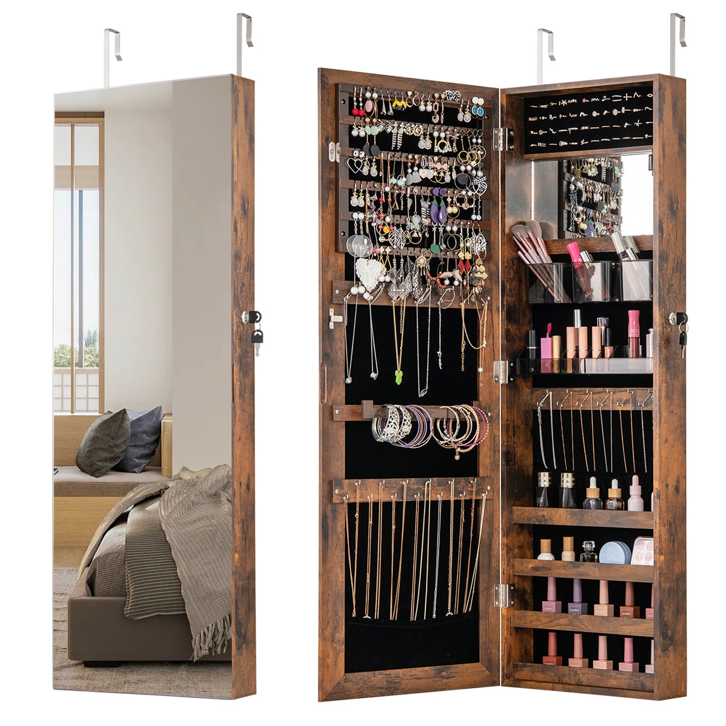 43.5 Inch Jewelry Mirror Cabinet with Full-length Mirror and Adjustable Hangers-Rustic Brown Kids Crystal