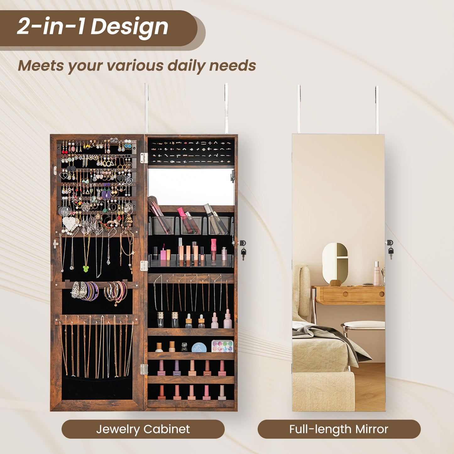 43.5 Inch Jewelry Mirror Cabinet with Full-length Mirror and Adjustable Hangers-Rustic Brown Kids Crystal
