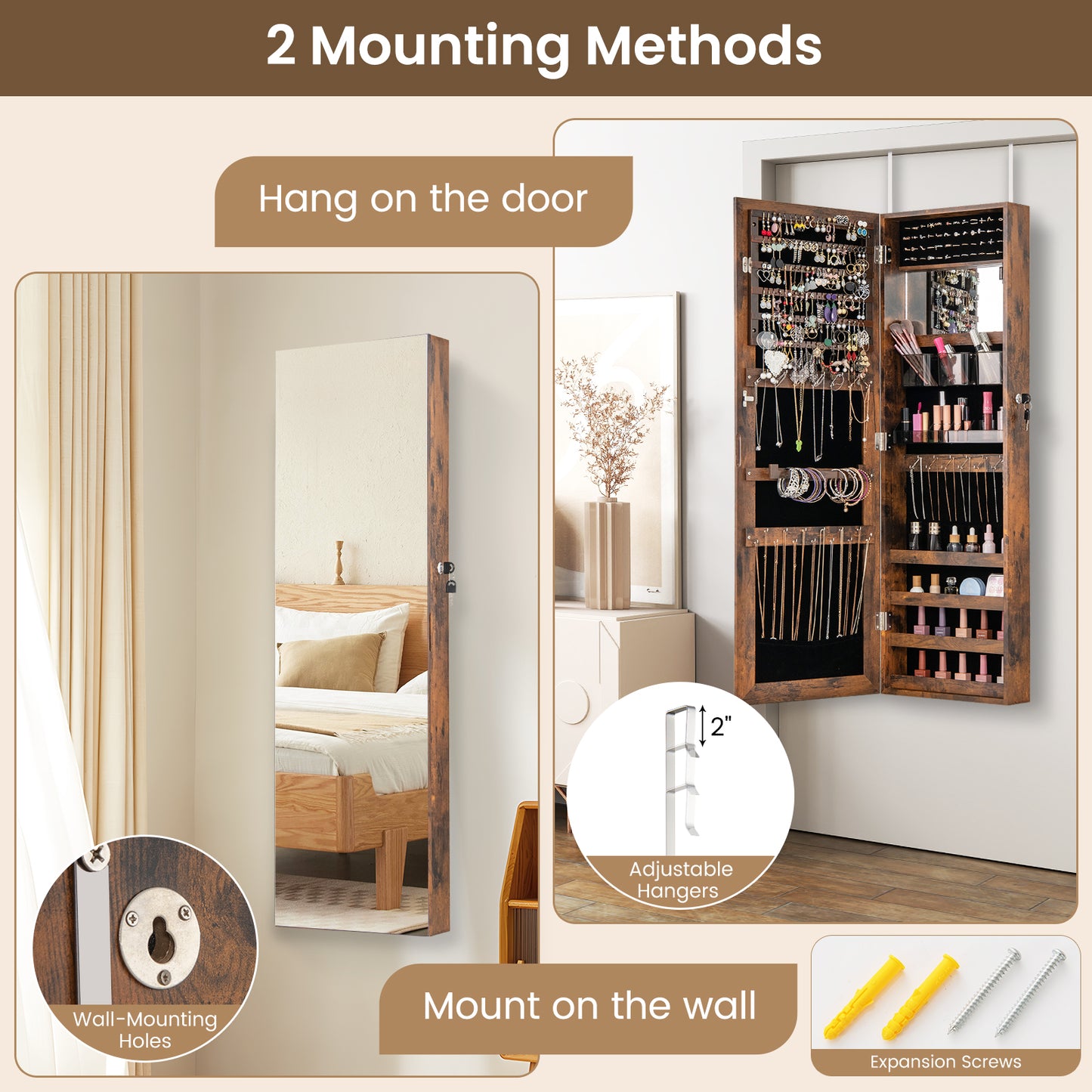 43.5 Inch Jewelry Mirror Cabinet with Full-length Mirror and Adjustable Hangers-Rustic Brown Kids Crystal