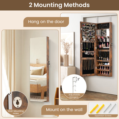 43.5 Inch Jewelry Mirror Cabinet with Full-length Mirror and Adjustable Hangers-Rustic Brown