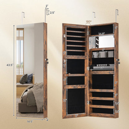 43.5 Inch Jewelry Mirror Cabinet with Full-length Mirror and Adjustable Hangers-Rustic Brown