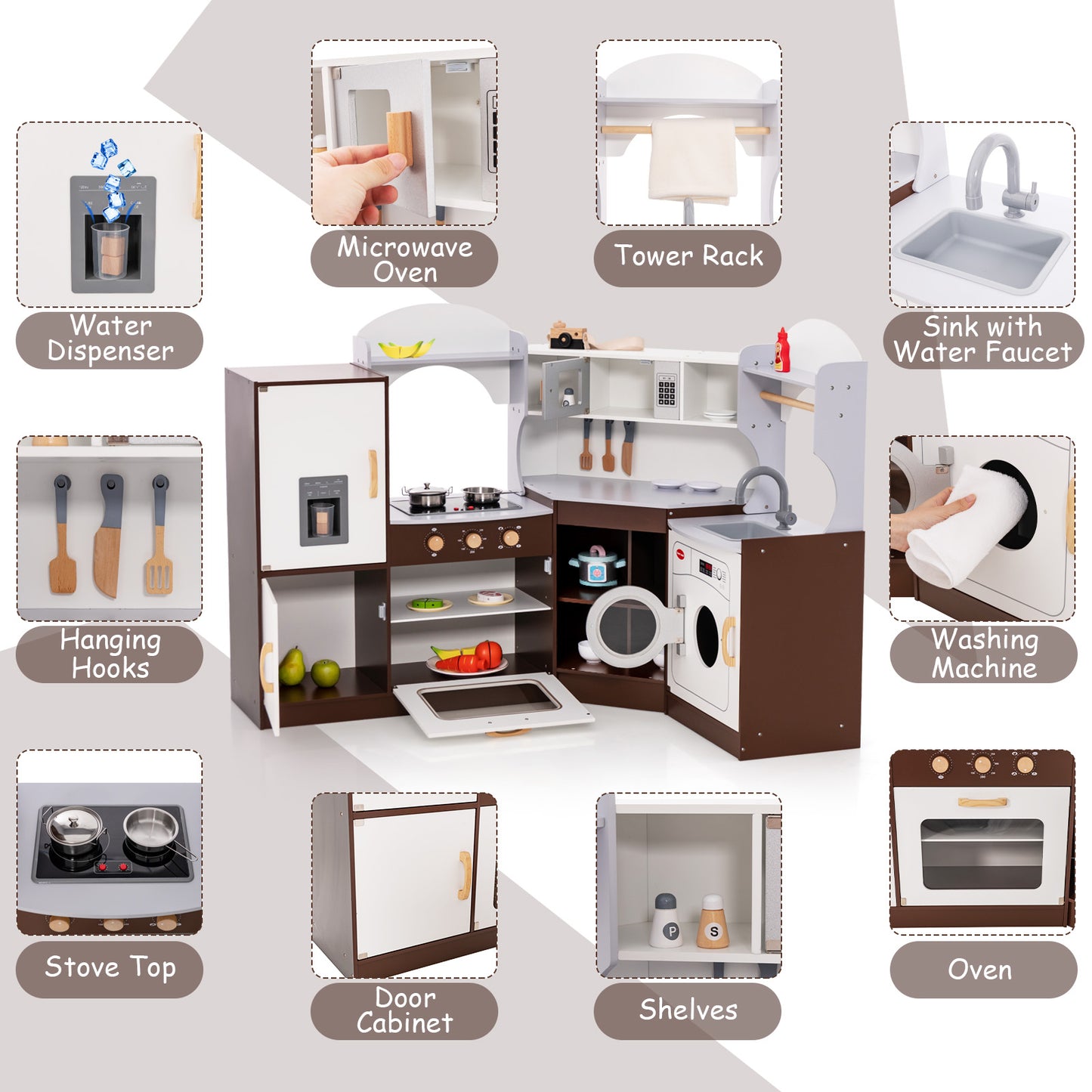 Toddler Kitchen Playset with Ice Maker Microwave Oven Sink and Washing Machine for Kids 3+ Years Old Kids Crystal