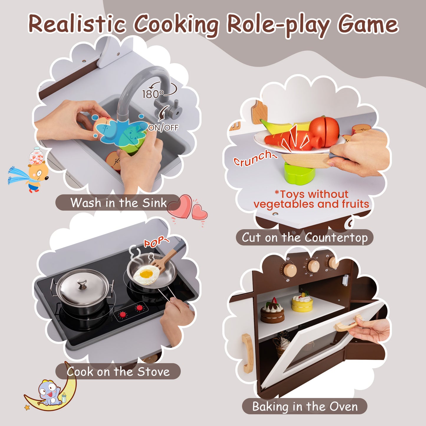 Toddler Kitchen Playset with Ice Maker Microwave Oven Sink and Washing Machine for Kids 3+ Years Old Kids Crystal