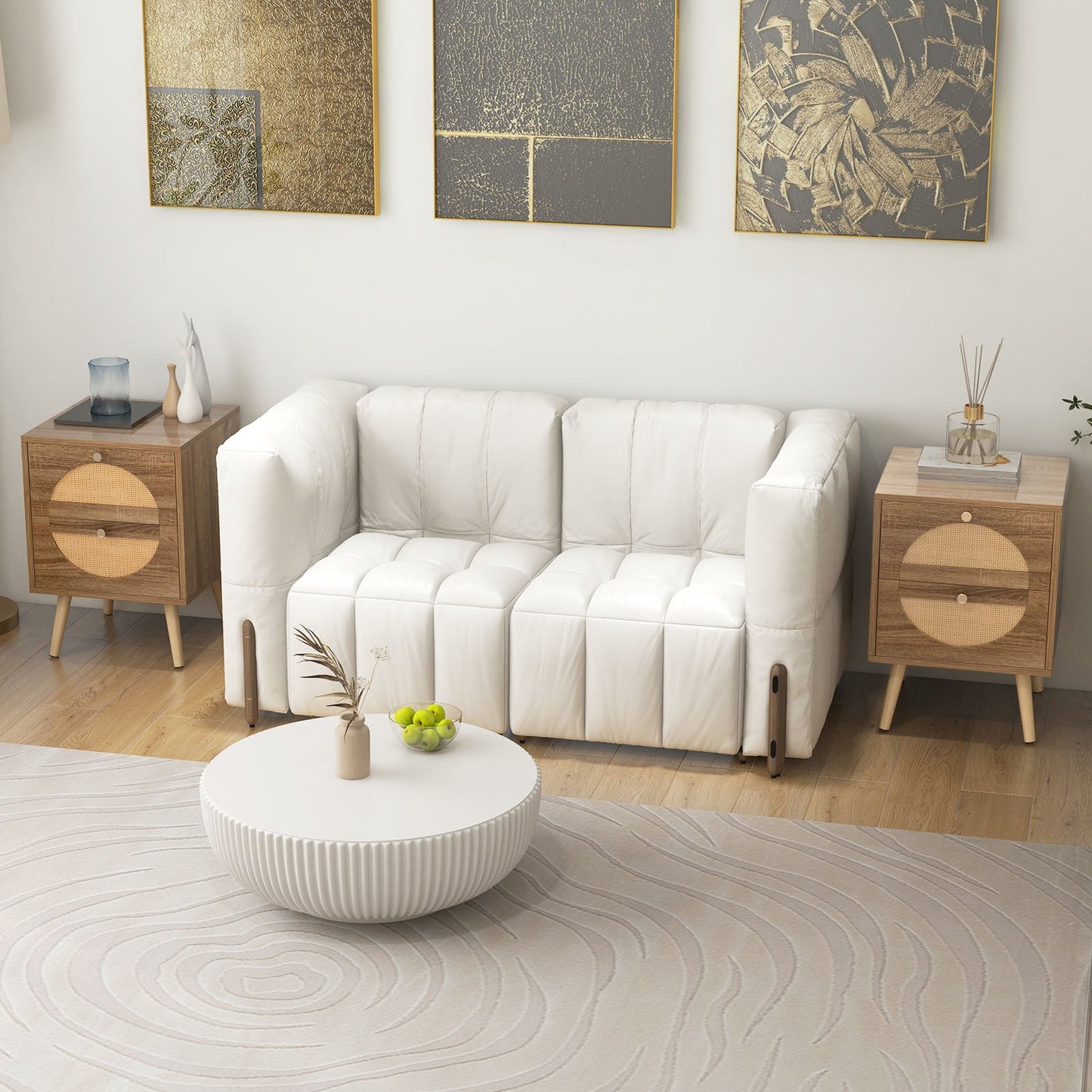 Set of 2 Rattan Nightstand with 2 Drawers and Solid Wood Legs-Natual Kids Crystal