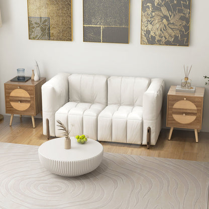 Set of 2 Rattan Nightstand with 2 Drawers and Solid Wood Legs-Natual