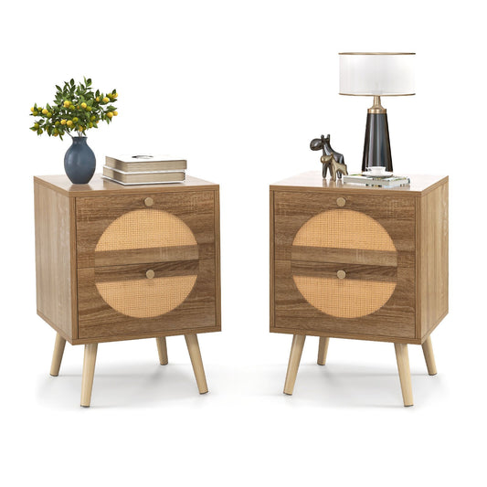 Set of 2 Rattan Nightstand with 2 Drawers and Solid Wood Legs-Natual Kids Crystal
