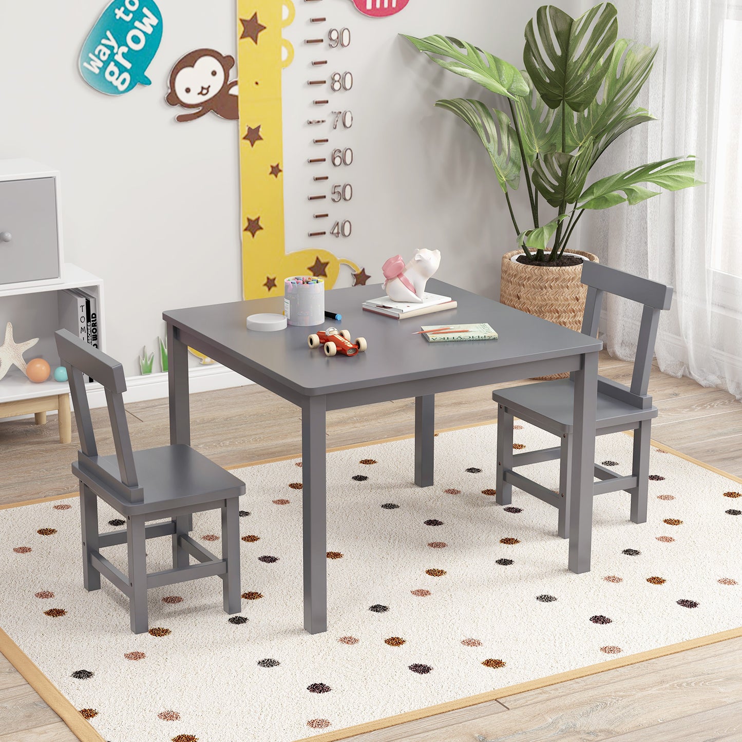 Wooden Kids Table and 2 Chairs Set with Anti-slip Foot Pads-Gray Kids Crystal