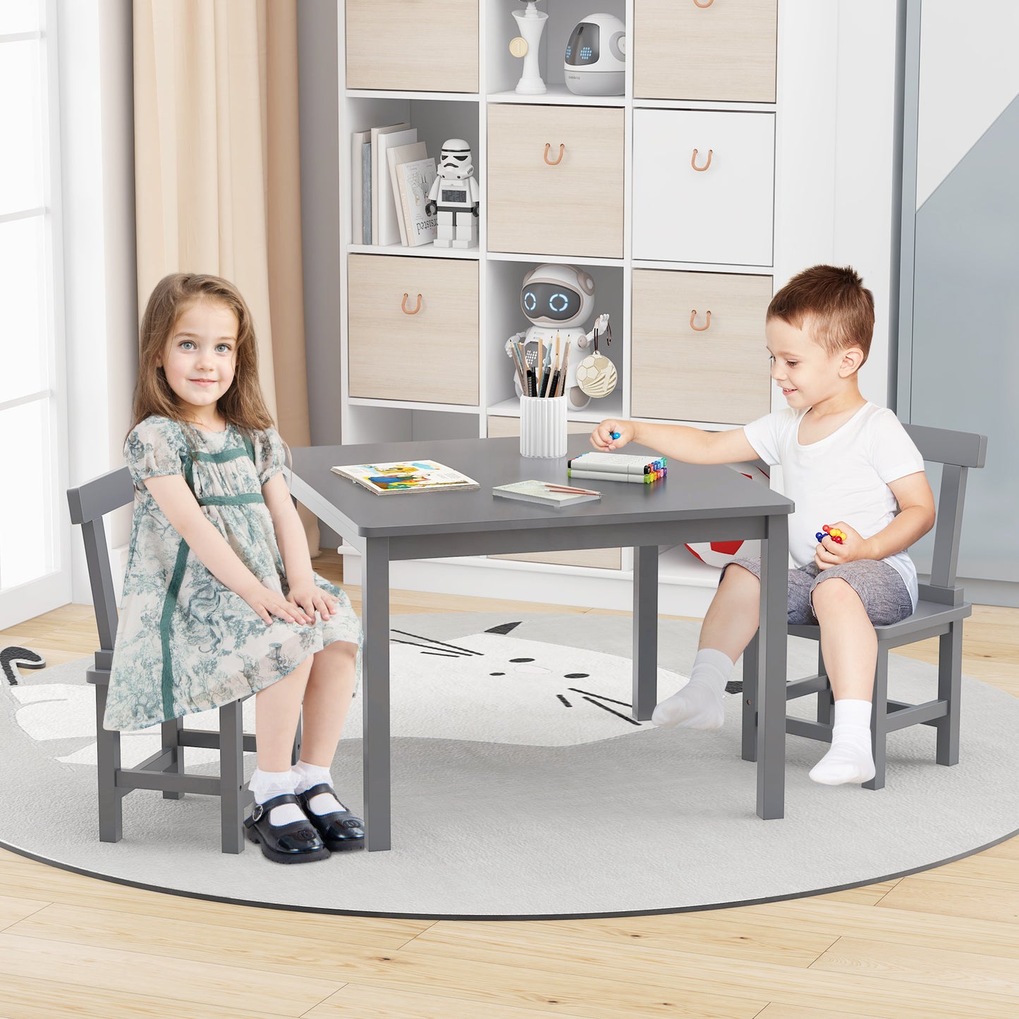 Wooden Kids Table and 2 Chairs Set with Anti-slip Foot Pads-Gray Kids Crystal